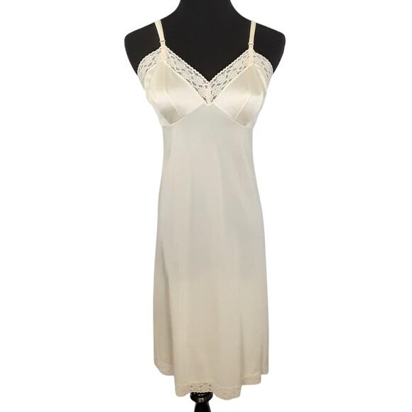 Vintage 70s Satin Slip Dress Cream Pale Yellow Lace Nightgown Lingerie Coquette - Picture 1 of 10